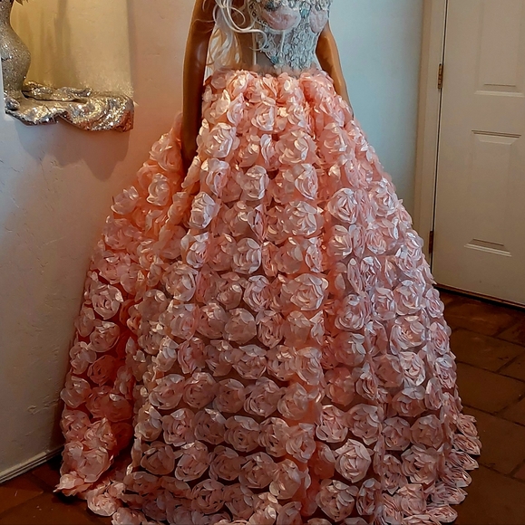 "BLOOM" Blush Ivory & Mint 3D Flower Woodland Princess Wedding Ballgown Set - Picture 4 of 14